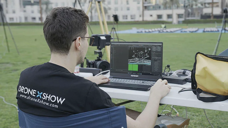 Dronex Show team operating a live drone light show production