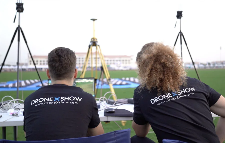 Dronex Show team monitoring a drone light show setup on site