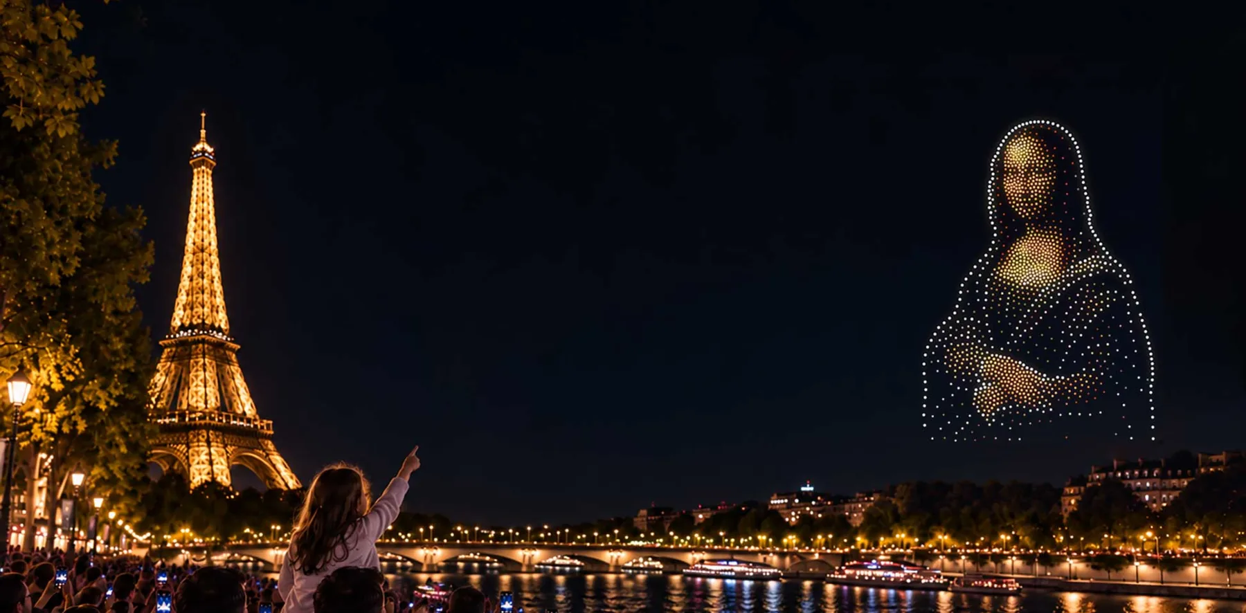Drone light show art above Paris with the Eiffel Tower
