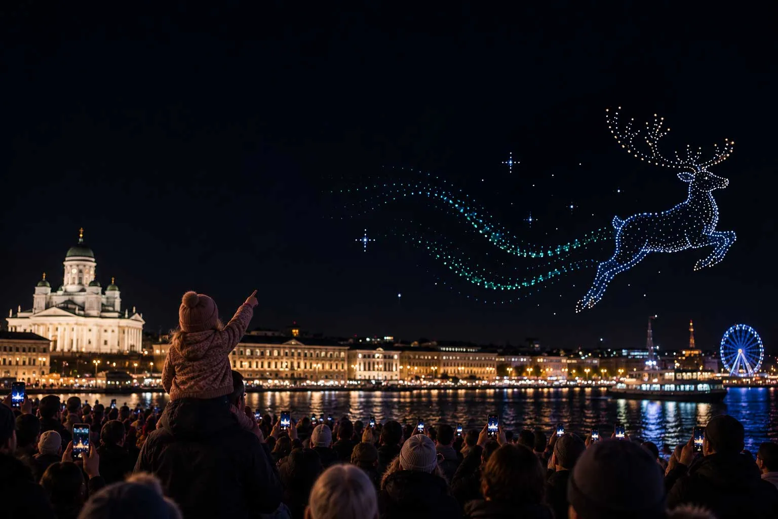 Dronevalonäytös Helsingin yllä Suomessa